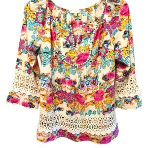 Jade Women's Bold Floral Pullover Top Crochet Accents Size XS